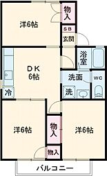 セジュール城南　A棟 2階3DKの間取り