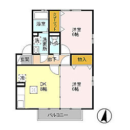カハラ　B 1階2DKの間取り