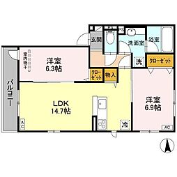 エンラージ西院 202 2階2LDKの間取り