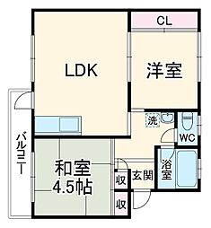 相武台住宅1号棟 2階2DKの間取り
