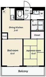 エクセルフラットIII 2階2DKの間取り