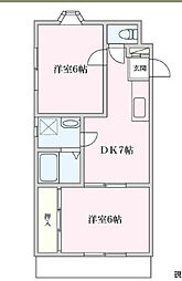 ソワサント我妻 2階2DKの間取り