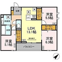 ＣＬＡＳＳＥＵＭ都賀 3階3LDKの間取り