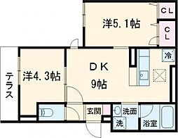 セレスティア青井II 2階2DKの間取り