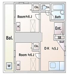 フラットイン蓮根 2Kの間取図画像