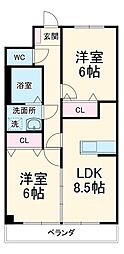 栗林第3ビル 2階2LDKの間取り