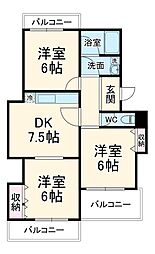 愛知高速東部丘陵線 杁ヶ池公園駅 徒歩10分の賃貸マンション 2階3DKの間取り