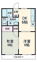 グランディール織戸 2階2DKの間取り