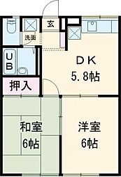 小田急小田原線 玉川学園前駅 徒歩23分の賃貸アパート 1階2DKの間取り