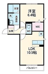 シャインハイツII 2階1LDKの間取り
