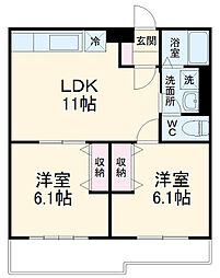 小田急小田原線 相模大野駅 徒歩17分の賃貸マンション 3階2LDKの間取り
