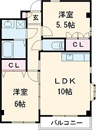 クレスコート国立 2階2LDKの間取り