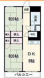 名鉄瀬戸線 尼ケ坂駅 徒歩7分の賃貸マンション 4階2DKの間取り
