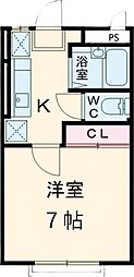 ウチダハイツＢ棟 2階1Kの間取り