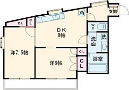 Ｆ1マンション 6階2DKの間取り