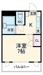 JR総武線 市川駅 徒歩8分の賃貸マンション 2階ワンルームの間取り