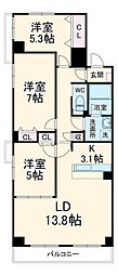JR総武線 市川駅 徒歩13分の賃貸マンション 3階3LDKの間取り