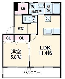 パークウエスト上社 2階1LDKの間取り