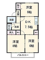 あんず　南棟 1階3DKの間取り