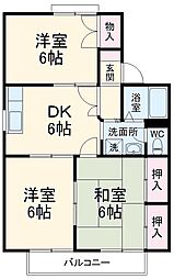 セジュールミヤＢ棟 2階3DKの間取り