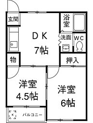 ビベンダI 1階2DKの間取り