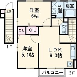 西武多摩湖線 一橋学園駅 徒歩17分の賃貸アパート 2階2LDKの間取り