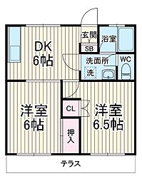 京王相模原線 京王稲田堤駅 徒歩11分の賃貸アパート 1階2DKの間取り