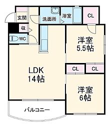 近鉄名古屋線 川越富洲原駅 徒歩14分の賃貸マンション 3階2LDKの間取り