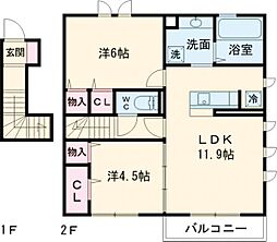 京王線 桜上水駅 徒歩14分の賃貸アパート 2階2LDKの間取り