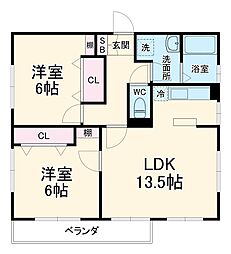 蟹江マンション 2階2LDKの間取り