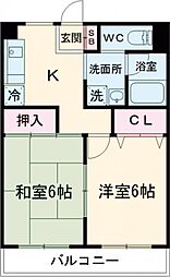 サンテラスウエハラII 1階2DKの間取り