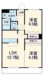 名鉄豊田線 黒笹駅 4.7kmの賃貸マンション 2階2LDKの間取り