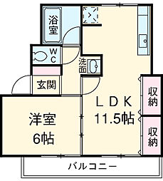 レジデンスカープ請地 1階1LDKの間取り