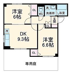 クレストコート 1階2DKの間取り