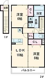オアシス　パティオ 2階2LDKの間取り