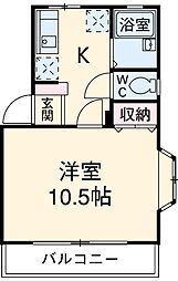 ニシケンハイム 2階1Kの間取り