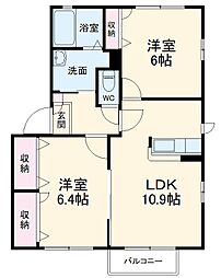 JR両毛線 国定駅 4.1kmの賃貸アパート 2階2LDKの間取り