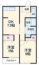 東武桐生線 治良門橋駅 徒歩35分の賃貸アパート 2階2DKの間取り