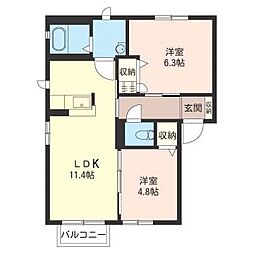 カーサ・エクセルＡ 2階2LDKの間取り