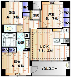 JR横浜線 町田駅 徒歩8分の賃貸マンション 3階3LDKの間取り
