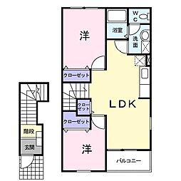JR相模線 南橋本駅 徒歩20分の賃貸アパート 2階2LDKの間取り
