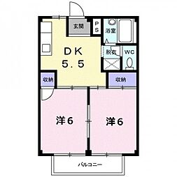 シティハイツ黒宮 2階2DKの間取り
