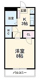 ハースヒルズ赤池III 2階1Kの間取り