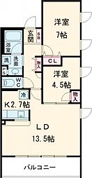 東急池上線 長原駅 徒歩15分の賃貸マンション 2階2LDKの間取り