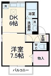 リビングタウン小鹿Ａ棟 2階1DKの間取り