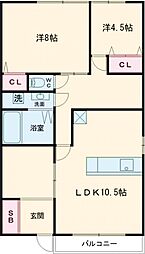 天笠ハイツ 1階2LDKの間取り