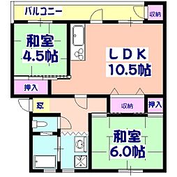 鎌ヶ谷グリーンハイツ22号棟 5階2LDKの間取り