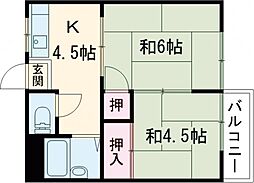 清水ハイツ 2階2DKの間取り