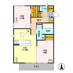 プラウドパークス朝倉 2LDKの間取図画像
