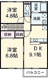 マッティーノＮ 2階2DKの間取り